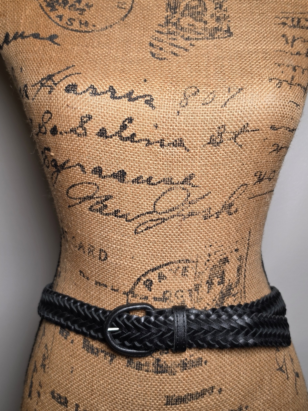 Black Braided Leather Waist Belt with Rounded Buckle